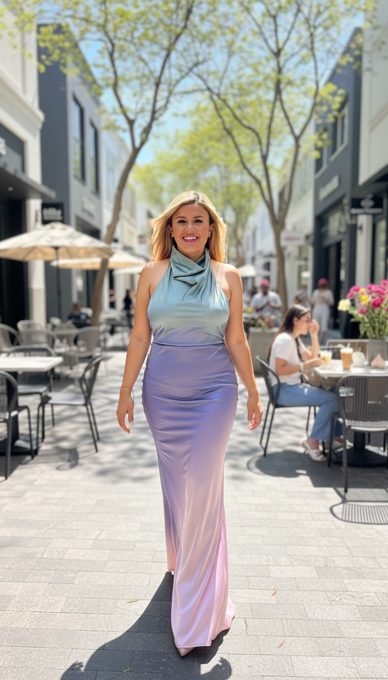 Vestido Cuello Halter Difuminado Verde con Morado